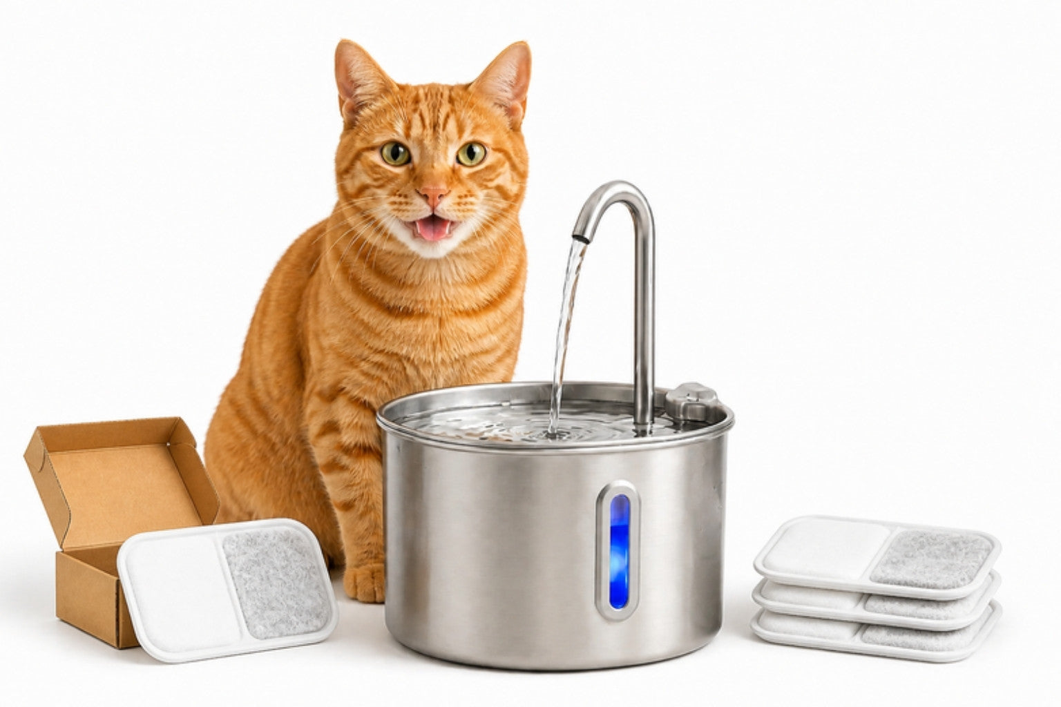Gato junto a la fuente BioPets y sus filtros de repuesto