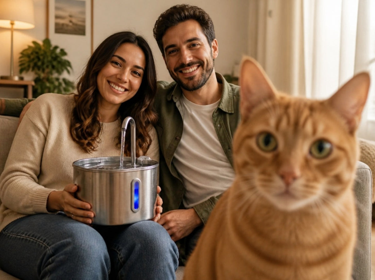 Familia con su gato y la fuente BioPets